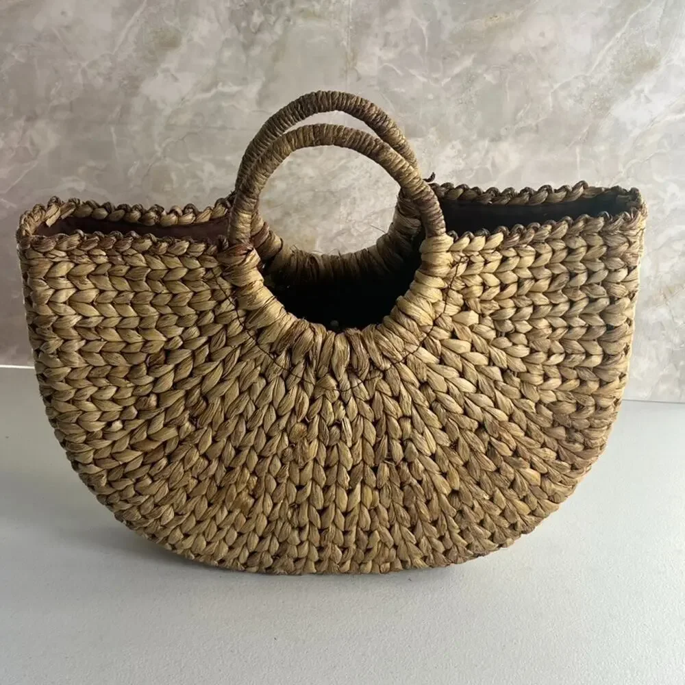 Xhilaration Brown Handbag Purse Half Circle 100% Corn Husk Lined Beach Summer